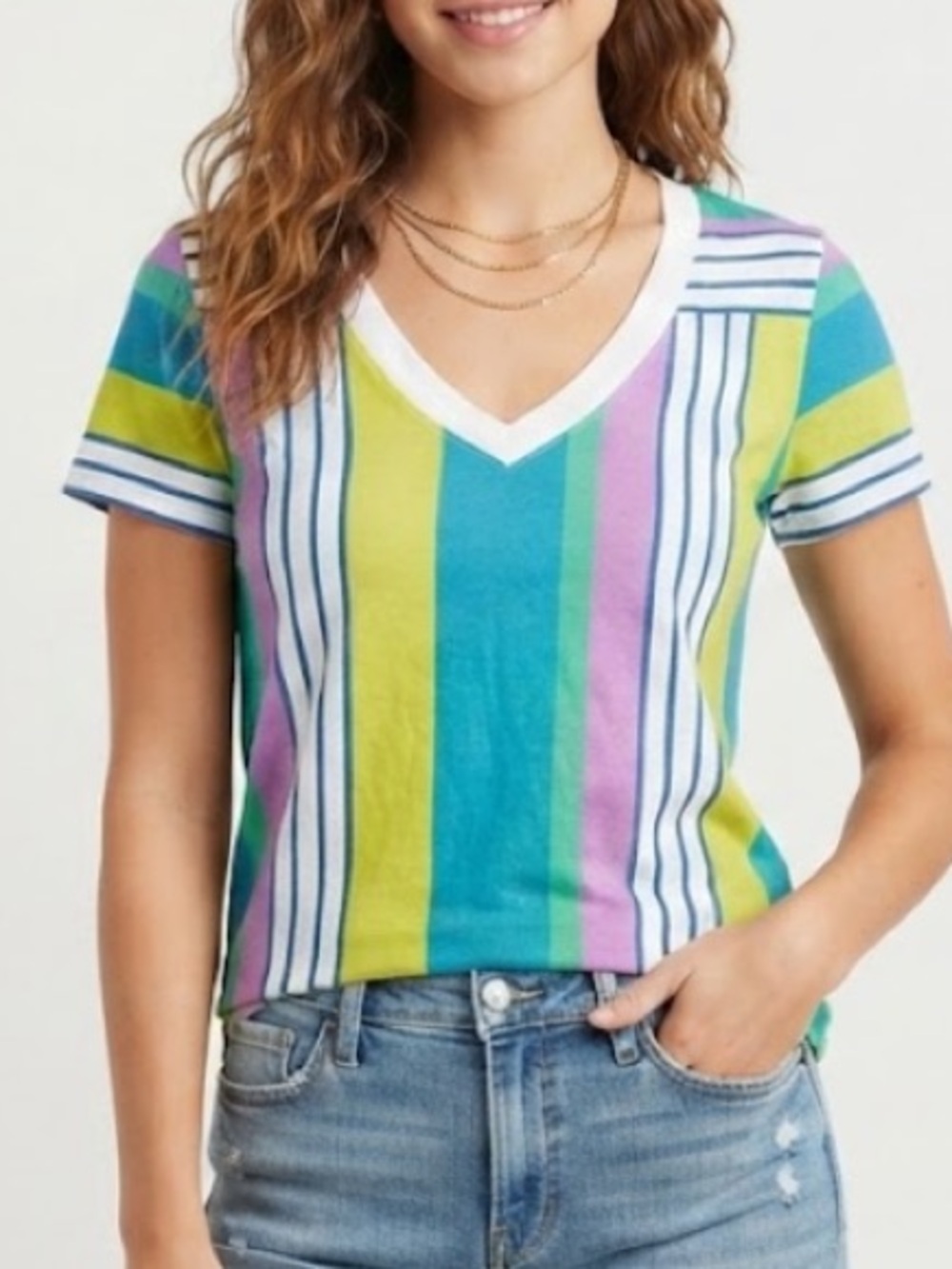 NWST Mossimo Striped V-Neck Short Sleeve Top in Multi Size XL